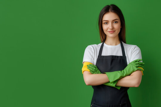 Confident cleaning woman poses with crossed arms against a green background