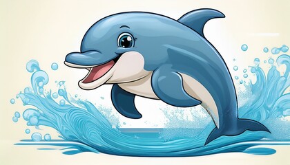Fototapeta premium cute cartoon dolphin jumping out of water with a big smile