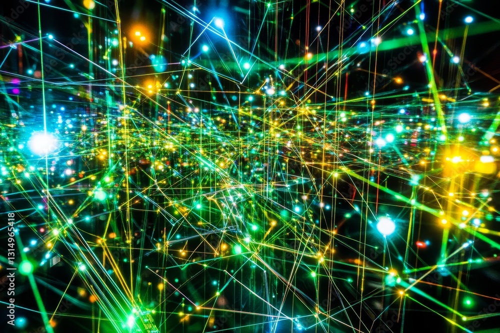 Poster colorful abstract light trails in dark background with sparkling dots