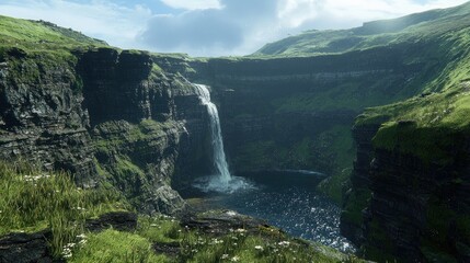 Majestic waterfall cascading in a lush, green, mountainous valley