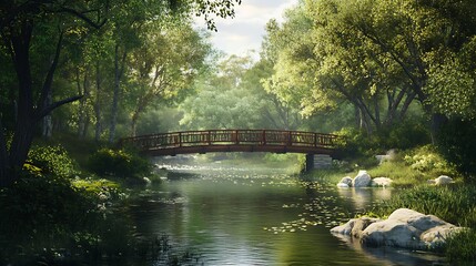 Obraz premium A serene landscape featuring a wooden bridge over a calm stream surrounded by lush greenery.