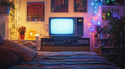 Cozy 90s teenage bedroom with nostalgic decor and a vintage TV
