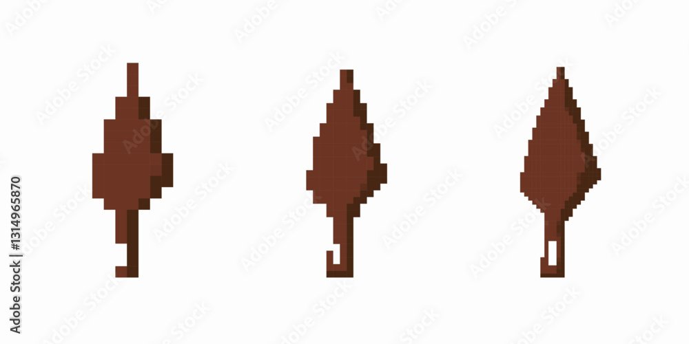 Poster three brown pixelated leaf icons showcasing unique rotational views with a minimalist design.