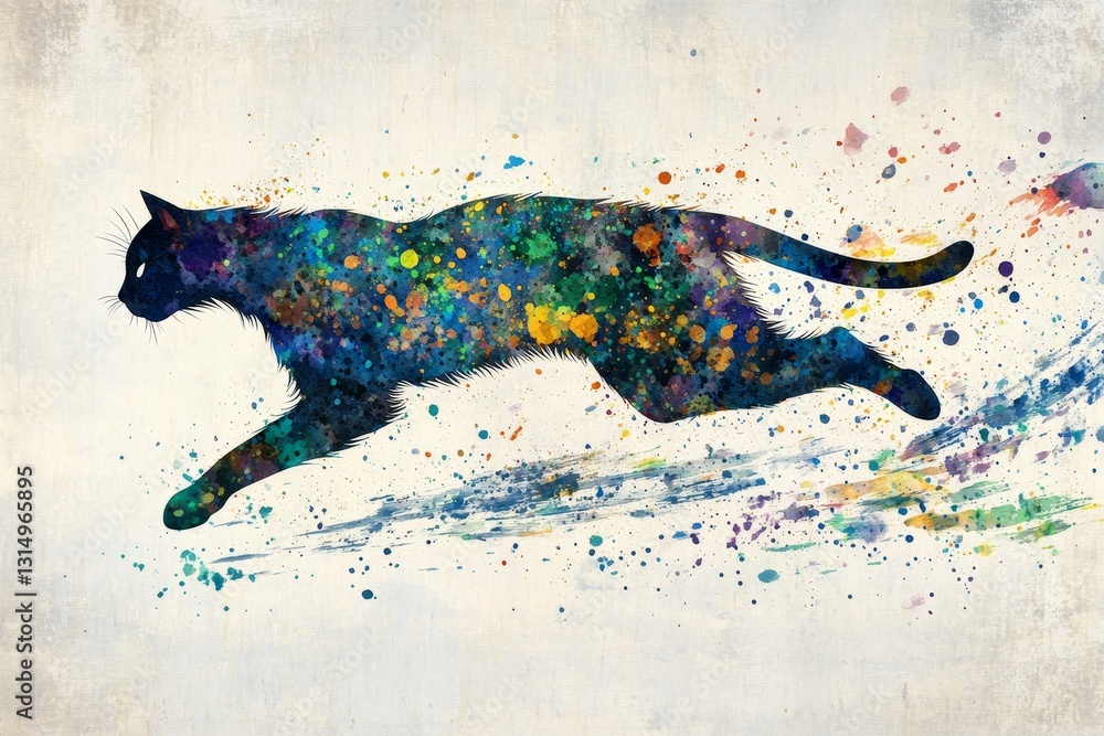 Poster colorful artistic representation of a running cat in motion
