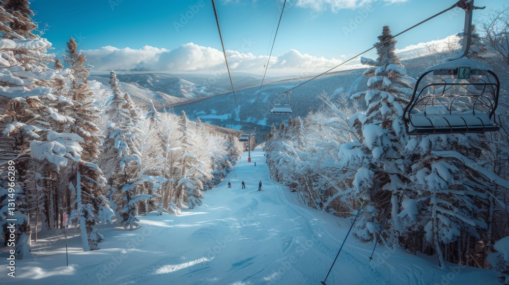 Poster Skiers navigate down a pristine snow covered slope with tall frosted trees on either side while a chairlift operates overhead, revealing distant mountain peaks under a clear blue sky.