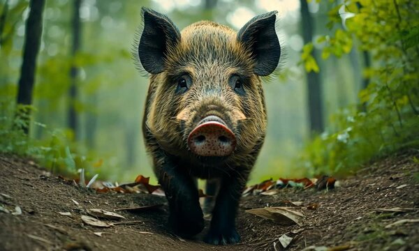 A wild boar walking along a forest path surrounded by lush greenery and fallen leaves