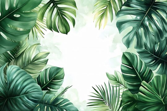Vibrant watercolor illustration of tropical foliage with ample copy space, ideal for eco-friendly themes, invitations, or decor related to summer and nature events.