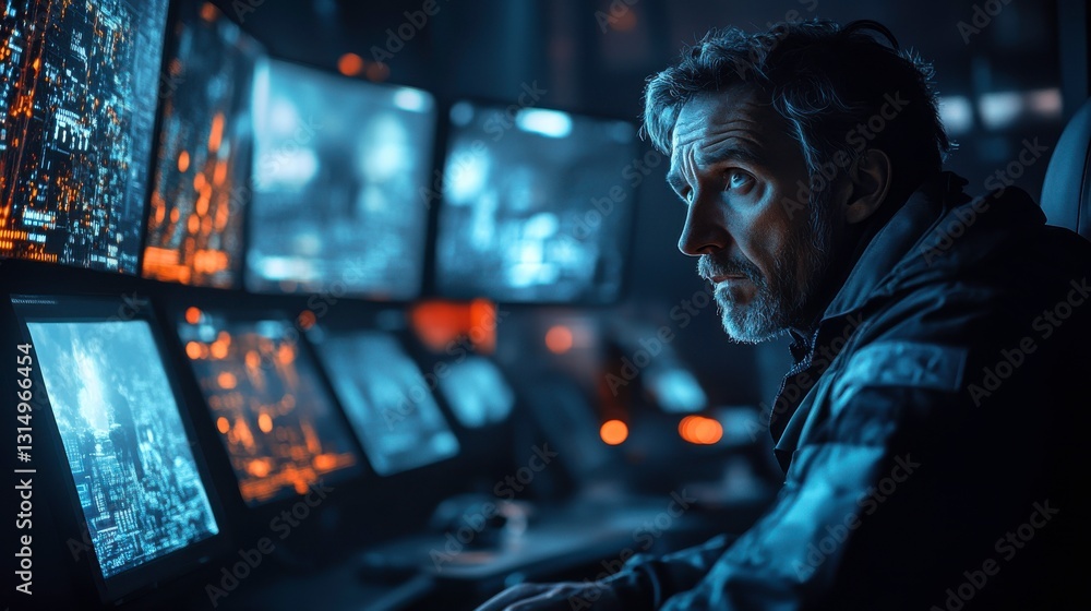 Poster a focused individual monitors multiple screens, displaying complex data in a dimly lit environment, 