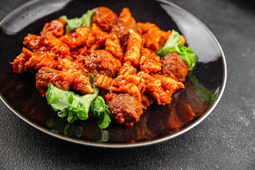 Pasta meatballs tomato sauce fresh tasty food dish delicious gourmet food background on the table rustic food top view copy space