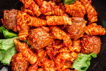 Pasta meatballs tomato sauce fresh tasty food dish delicious gourmet food background on the table rustic food top view copy space