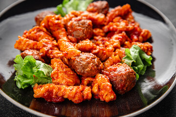 Pasta meatballs tomato sauce fresh tasty food dish delicious gourmet food background on the table rustic food top view copy space