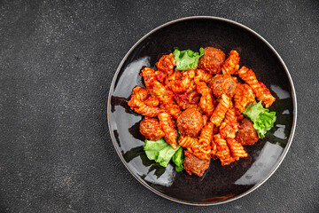 Pasta meatballs tomato sauce fresh tasty food dish delicious gourmet food background on the table rustic food top view copy space