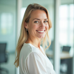 Fototapeta premium Portrait of a happy businesswoman in a bright office