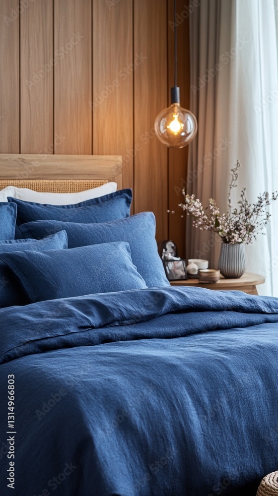 Aufkleber soft blue linens embrace a wooden bed frame, creating a cozy atmosphere. a single pendant light cast