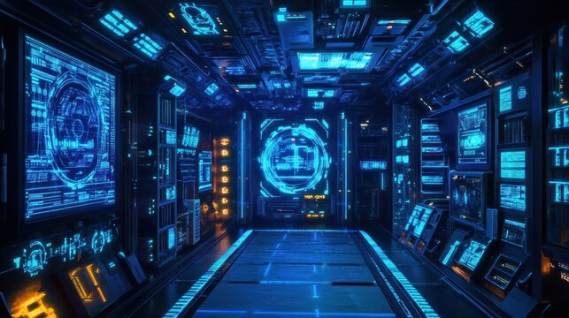 Futuristic, high-tech corridor with glowing screens and complex machinery