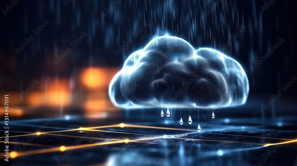 Poster digital rain cloud simulation virtual space 3d animation abstract environment close-up view technolo