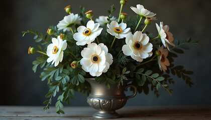 White Flower Arrangement in Refined Style Representing Serenity against a Dark Gray Background