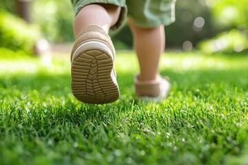 Child joyfully runs barefoot across lush green grass on a sunny summer day