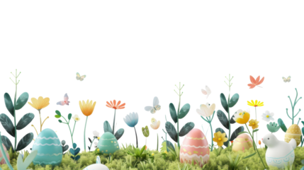 Easter eggs and chick hiding in grass with flowers and butterflies on transparent background
