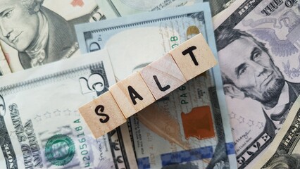 SALT acronym made of wooden letter cubes on pile of US dollar banknotes. State and Local Tax