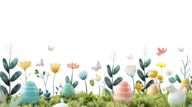 Easter eggs and chick hiding in grass with flowers and butterflies on transparent background - Powered by Adobe