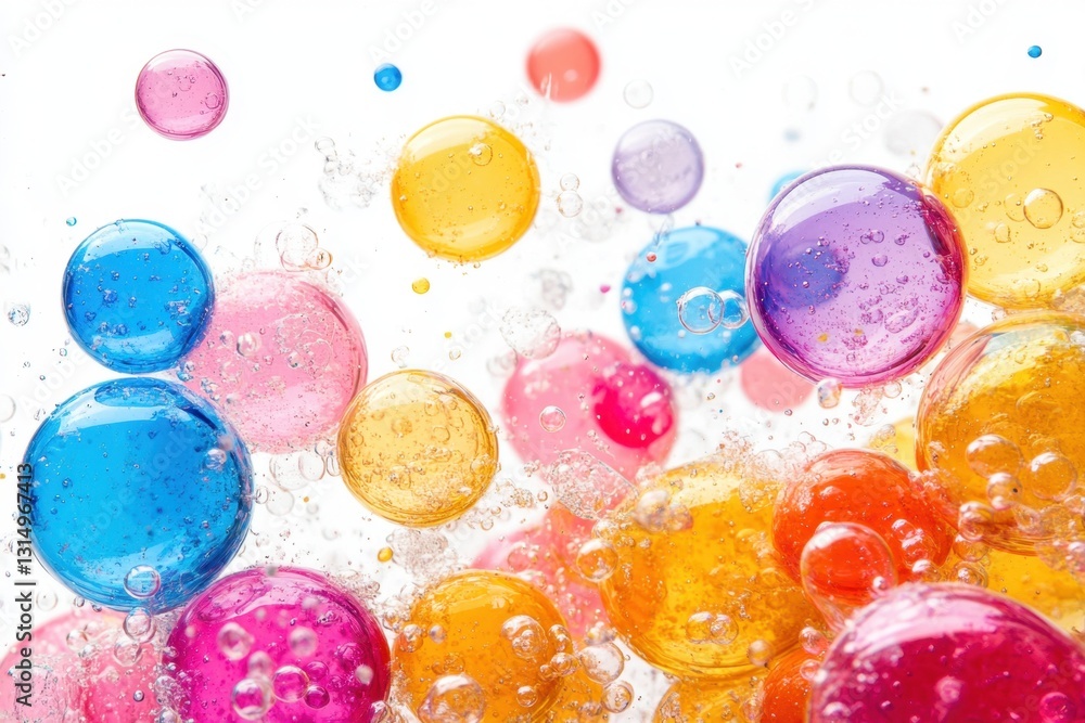 Poster vibrant array of colorful liquid bubbles floating against a clean white background creating a playfu