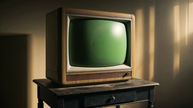 A retro CRT television with a green glow sits alone in a dark abandoned room, evoking eerie nostalgia and forgotten technology. . High quality 4k footage - Powered by Adobe