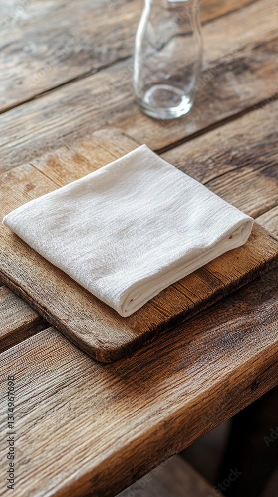 Poster clean white linen napkin neatly folded on rustic wooden cutting board with glass in background, crea