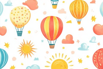 Hot air balloons float under bright sunshine in a whimsical summer pattern