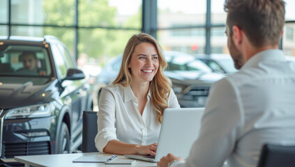 A female manager with a laptop is talking to a customer at a car dealership
