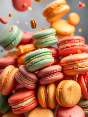 Colorful macarons are a sweet cake that is perfect for dessert. A variety of delicious macarons floating in the air to whet your appetite.