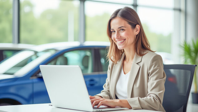 a female manager with a laptop in a car dealership
