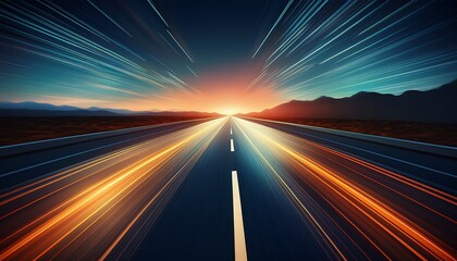 highway pov from a speeding car focus on road lines with a sense of motion dynamic perspective open road ahead