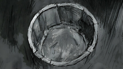 Dark, circular pit or well viewed from above, possibly an arena or dungeon entrance, with textured background suggestive of rough stone or ground