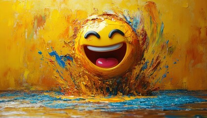 Emoji painting a canvas with bright colors, creative energy, yellow background