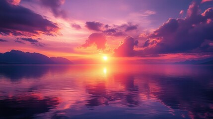 Fototapeta premium A breathtaking sunset over a tranquil lake, with vibrant pink and purple hues reflecting on the water's surface and mountains in the background.