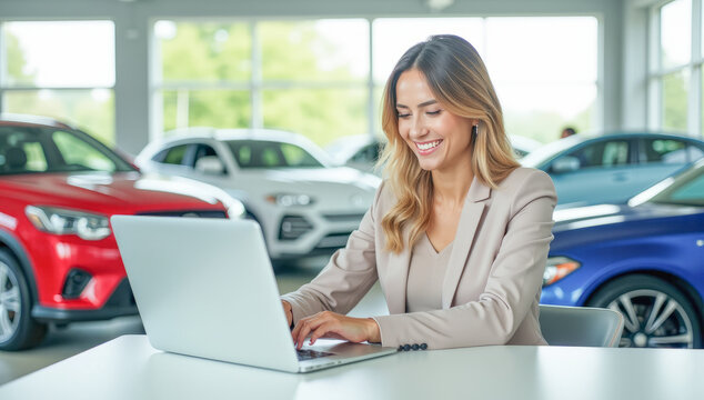 a female manager with a laptop in a car dealership