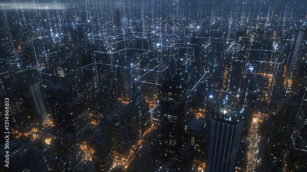 Poster smart city connected through an intricate web of data networks and iot devices.
