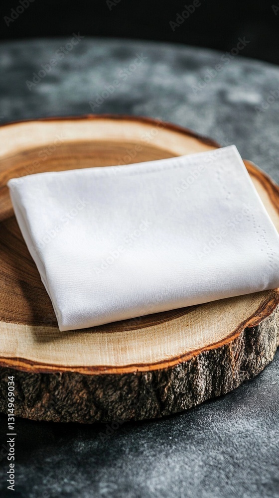 Poster clean white folded napkin placed on rustic wooden slice serving board against dark stone background,