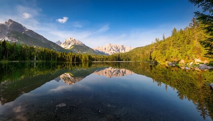 serene lake mirroring towering mountains and vibrant forest in a stunning display of nature s beauty