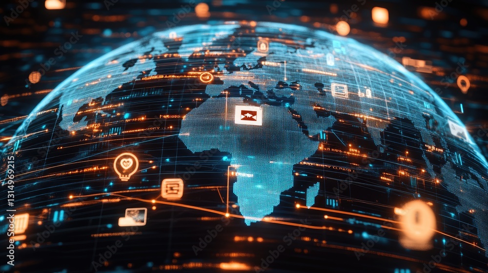 Poster social media networking visualization with global reach and digital connections.