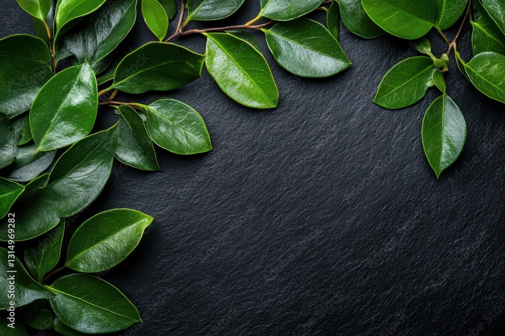 Poster fresh green leaves on dark slate background for organic product display and natural design element w