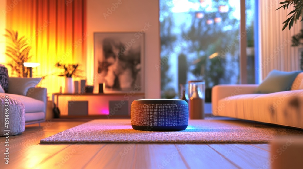 Poster stylish living room features smart speakers and user giving voice commands for lighting and music ad