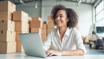 A female manager with a laptop in a warehouse with cardboard boxes and a white van