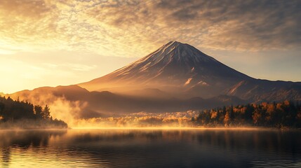 Majestic mountain landscape at sunrise, reflecting in a serene lake surrounded by trees.