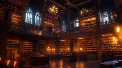 Grand, dimly lit library with two levels of bookshelves, wooden architecture, and candlelight.
