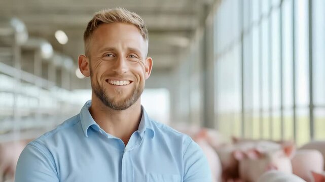 Smiling farmer in a piggery promoting ethical and sustainable farming practices for animal welfare