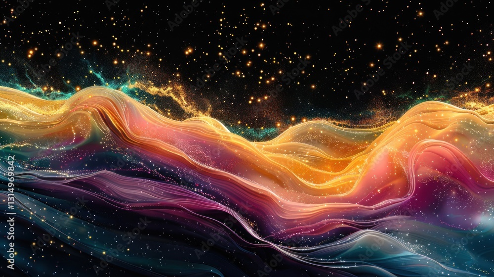 Poster pastel waves shimmer through a dark void, creating a mesmerizing atmosphere of light
