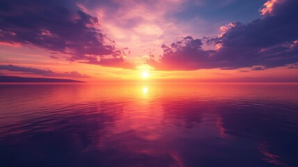 Fototapeta premium A breathtaking sunset over calm waters, with vibrant hues of orange, pink, and purple reflecting on the surface, creating a serene and tranquil atmosphere.