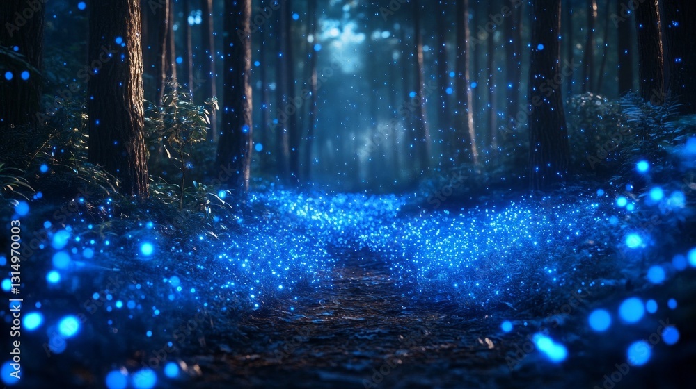 Poster a mystical forest pathway sparkles with vibrant blue lights, guiding through tall trees and lush fol